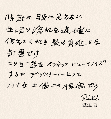 時計は目に見えない生活の流れを的確に教えてくれる最も身近な計器です この計器をどうやってヒューマナイズするかデザイナーにとって小さな土俵上の格闘です Riki 渡辺力